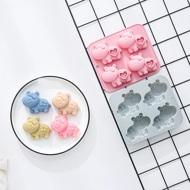 Four Cavity Hippo Silicone Mold Heart Design for Chocolate Candy Baking Creative Pastry Tools