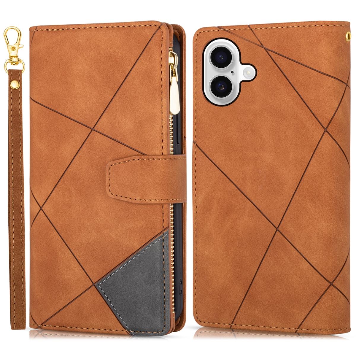 

For iPhone 16 Plus Wallet Case Color Splicing Leather Phone Cover with Stand Brown