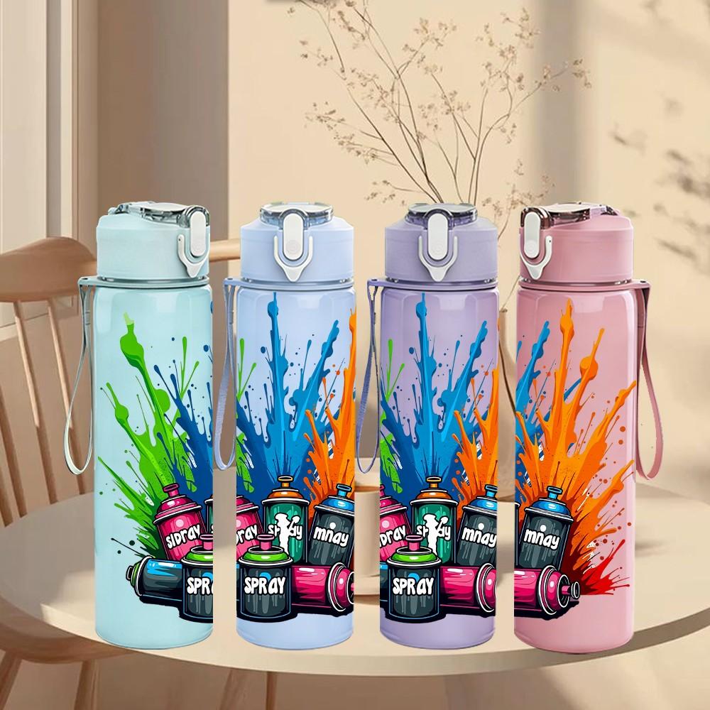 1PC Paint Splash Colorful Graffiti Explosion 750ml Color Plastic Sports Water Bottle Leakproof Flip Straw Lid Suitable for Sports Office Home Use