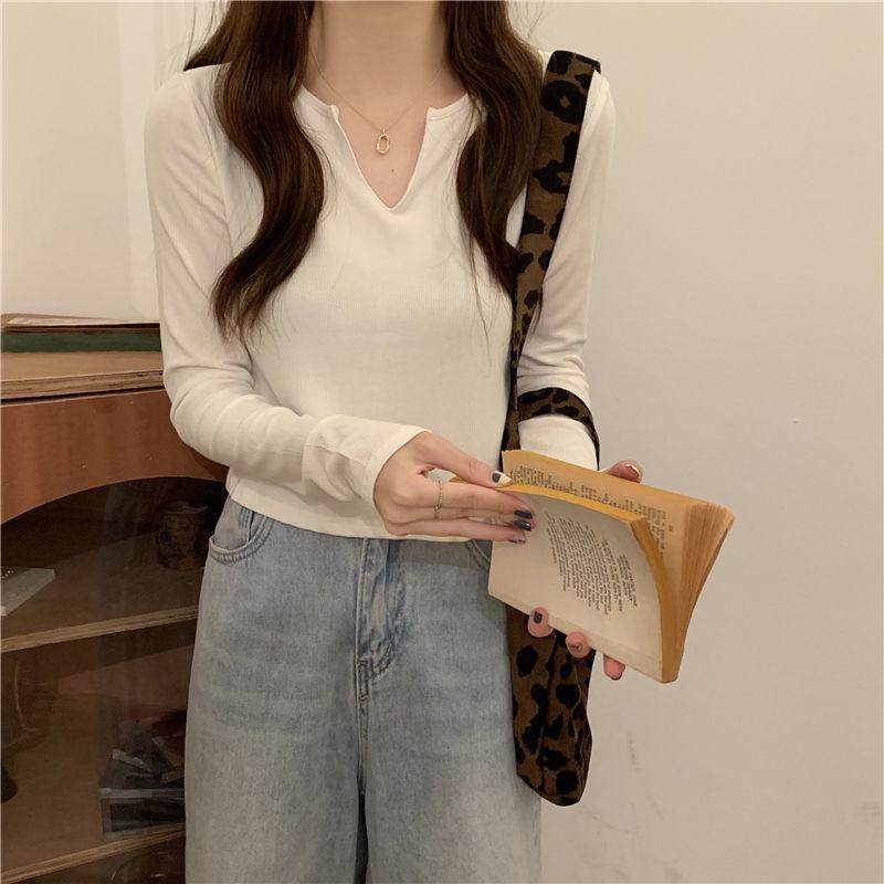 Dámský top s výstřihem do V, dlouhým rukávem, slim fit, podzim 2023, korejský styl