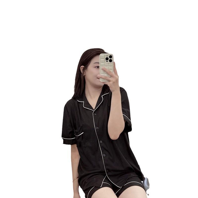 Short-Sleeved Pajamas Women'S Summer Simple Solid Color Generous Pajamas Sweet Girl Suit Korean Version Ims Loungewear
