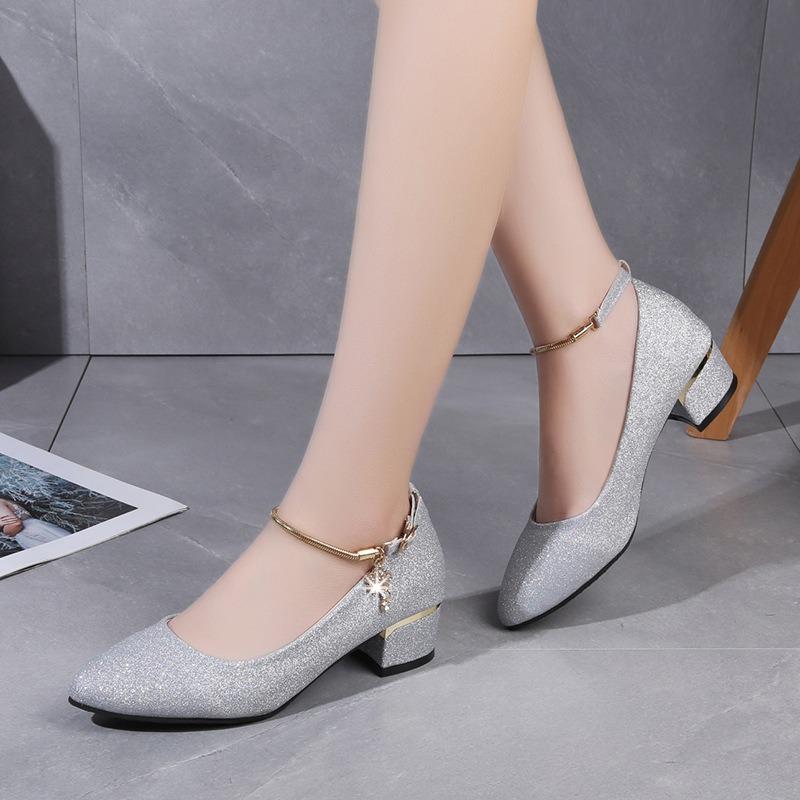 Mom Shoes Thick Heel Medium Heel Shallow Mouth Women's Single Shoes Spring New Women's One-word Buckle Fashionable Metal Decorative Women's Shoes