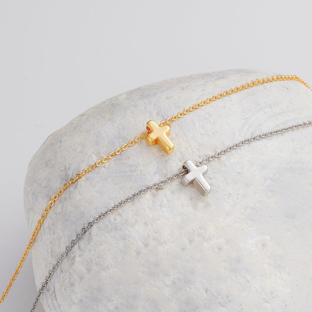 18K Gold Mini Cross Pendant On Stainless Steel Box Chain Necklace