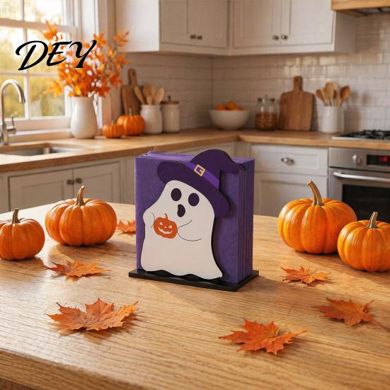 Decorative Napkin Dispenser Halloween Ghost Wooden Holder, Cute Paper Towel Holder Stand, Freestanding Tissue Organizer for Home Kitchen Restaurant