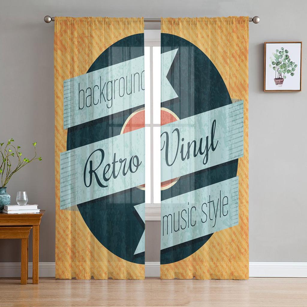Retro Music Poster With Vinyl Gramophone Chiffon Sheer Curtains for Living Room Bedroom Window Curtain Voiles Tulle Cortinas