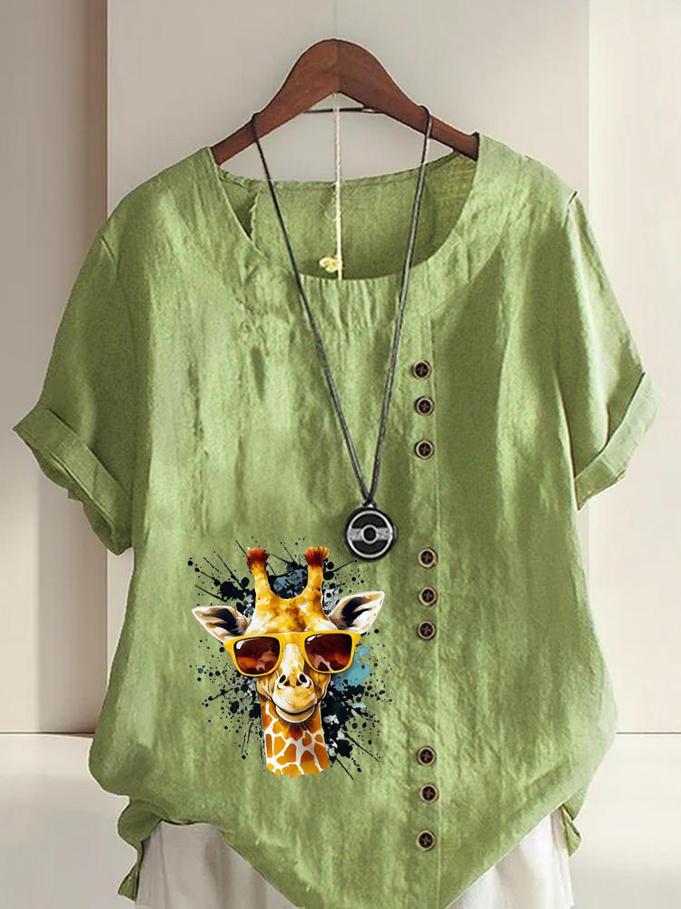 

Women s Fashion Cool Giraffe Print Casual Cotton Linen Short Sleeve Round Neck T-shirt Shirt Leisure Loose Summer Blouse Tops 5XL зелений