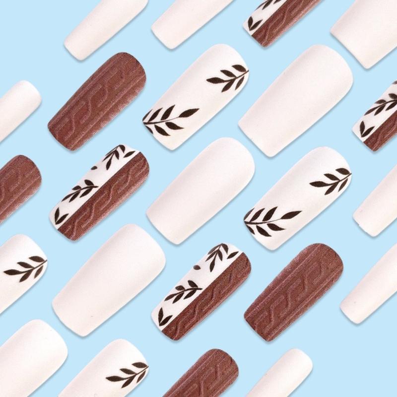 24 Pcs Simple Leaves Artificial Nail Stylish Full Cover Stick on Nail 3D False Nail Medium Coffin Press On Nail