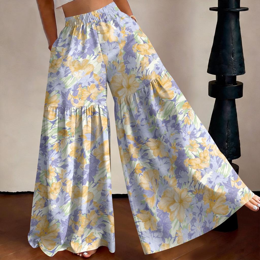 Women's High Waist Wide Leg Pants Loose Fit Lightweight Breathable Floral Print Casual Palazzo Trousers for Summer