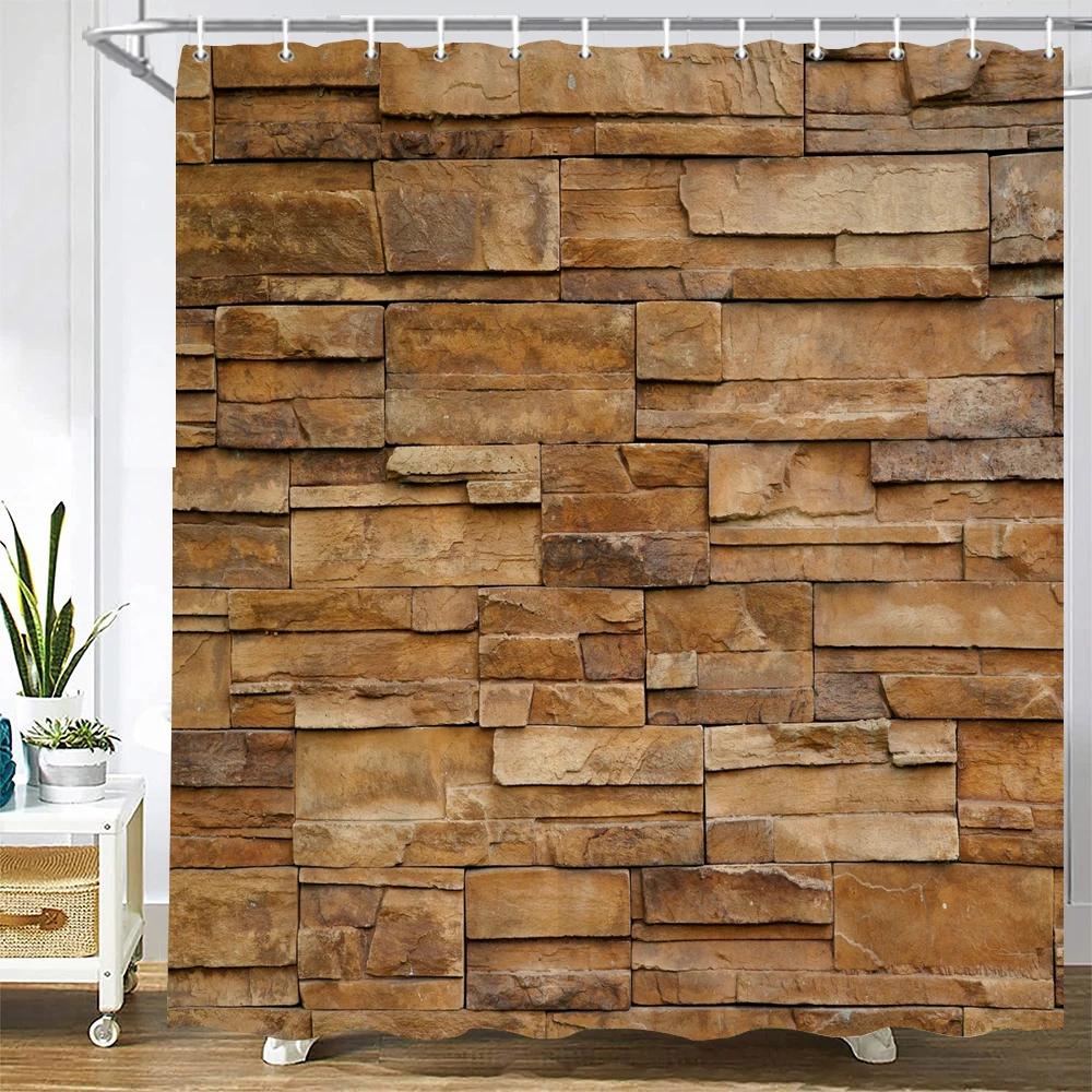 Stone Wall Painting Shower Curtain Bathroom Curtain Polyester Fabric Art Shower Curtains Restroom Decor Waterproof With Hooks
