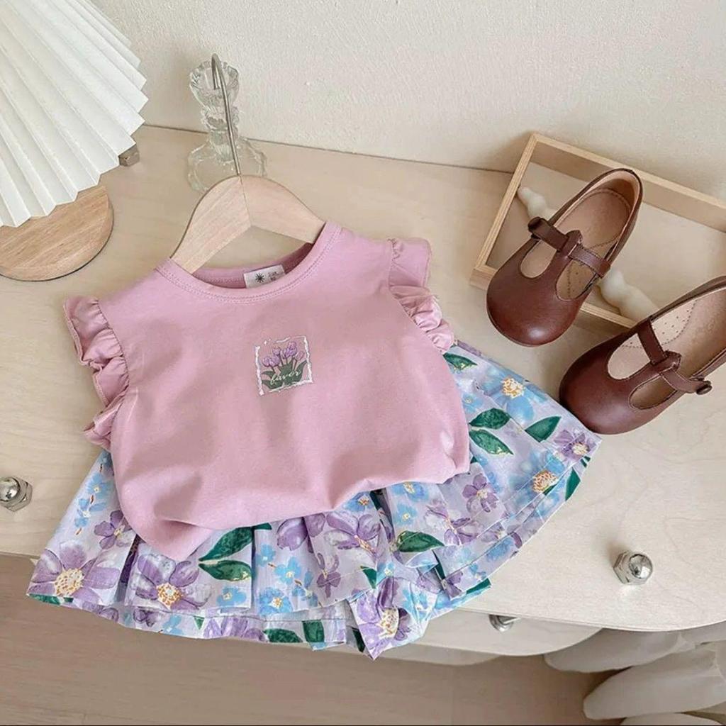 2025 Summer Outfit: Girls' Loose Short Sleeve T-shirt & Princess Skirt Set