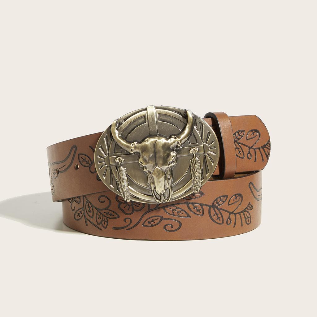 A western style cow head buckle peony pattern PU leather belt fashionable and casual
