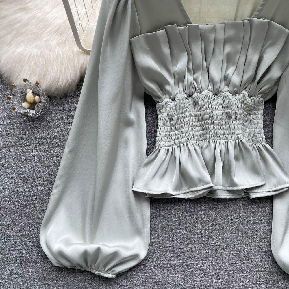 RUGOD Dámská podzimní košile s úzkým pasem a čtvercovým límcem, krásná košile s dlouhým rukávem