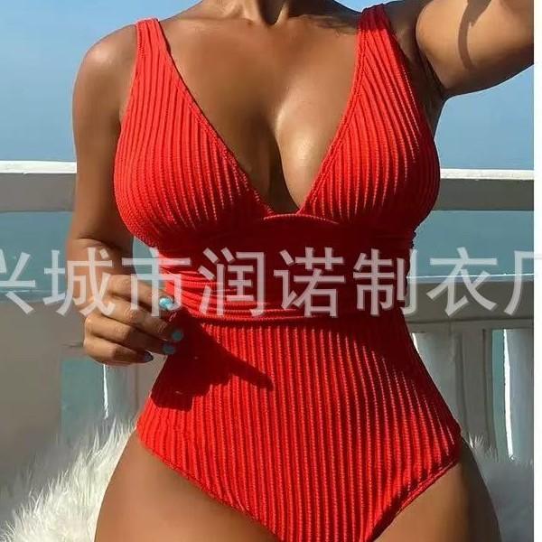 New year's new one-piece solid color vertical strip fabric sexy slim and thin swimsuit
