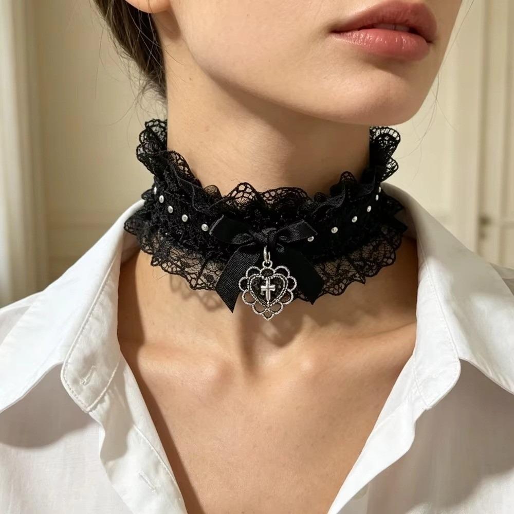 Bow Cross Heart Heart Pendant Necklace Vintage Y2K Collar Necklace Gifts Lace Necklace Daily Wear