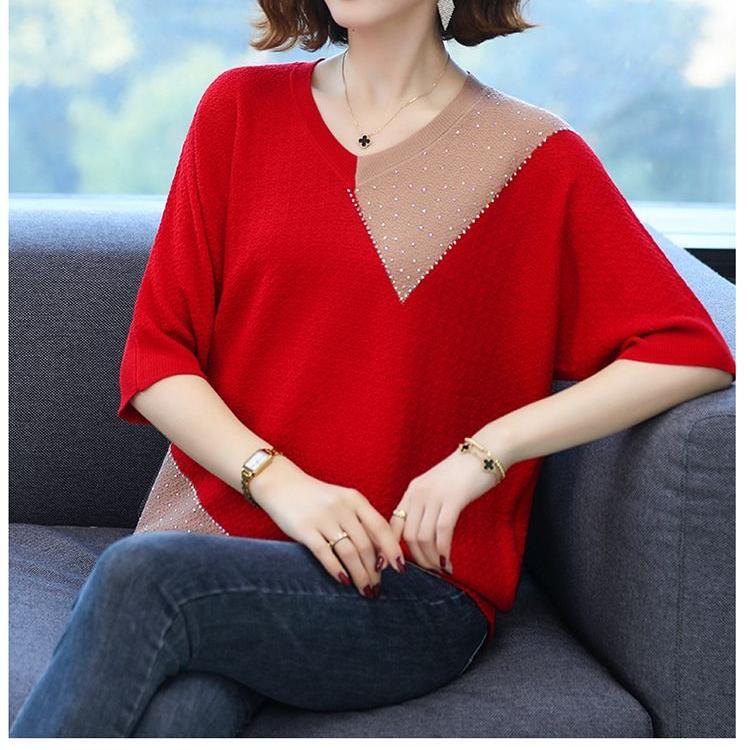 

Женская свободная модная футболка из ледяного шелка с рукавами летучая мышь, большой размер, V-образный вырез, сотни топов, с короткими рукавами 5XL красный