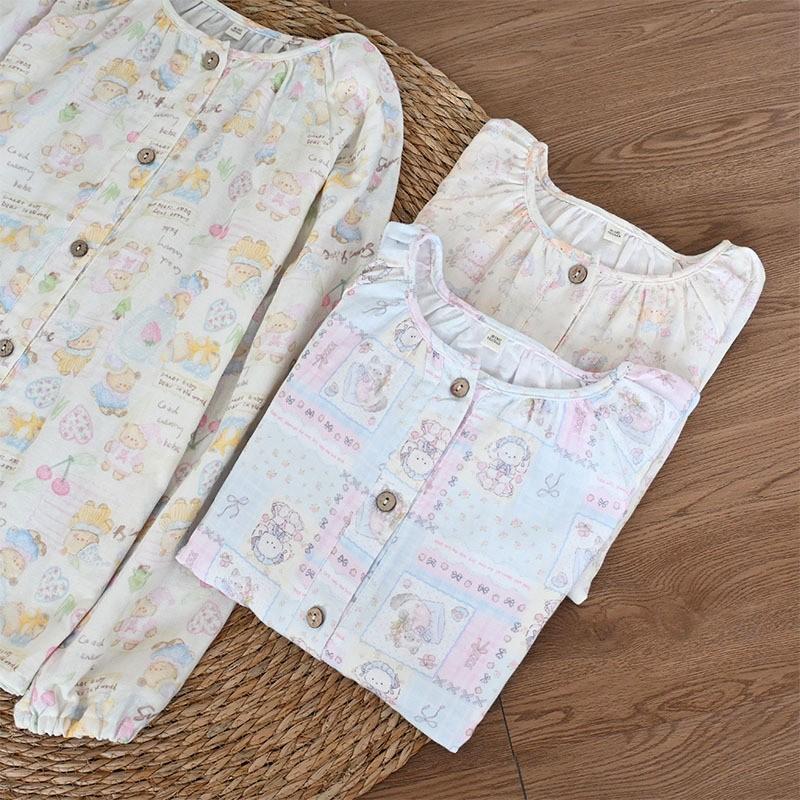 100% Pure Cotton Double-layer Gauze Cartoon Lapel Cardigan Pajamas Women's Spring and Autumn Loungewear Can Be Worn Loose 1011