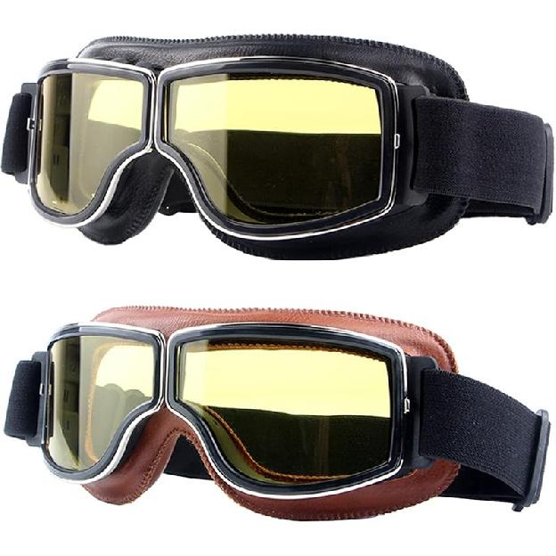 Motorcycle Goggles,2 Pack Vintage Anti Fog Pilot PU Leather Glasses Dustproof ATV Off Road Motorbike Helmet Eyewear Protect For Ridding Motorcross