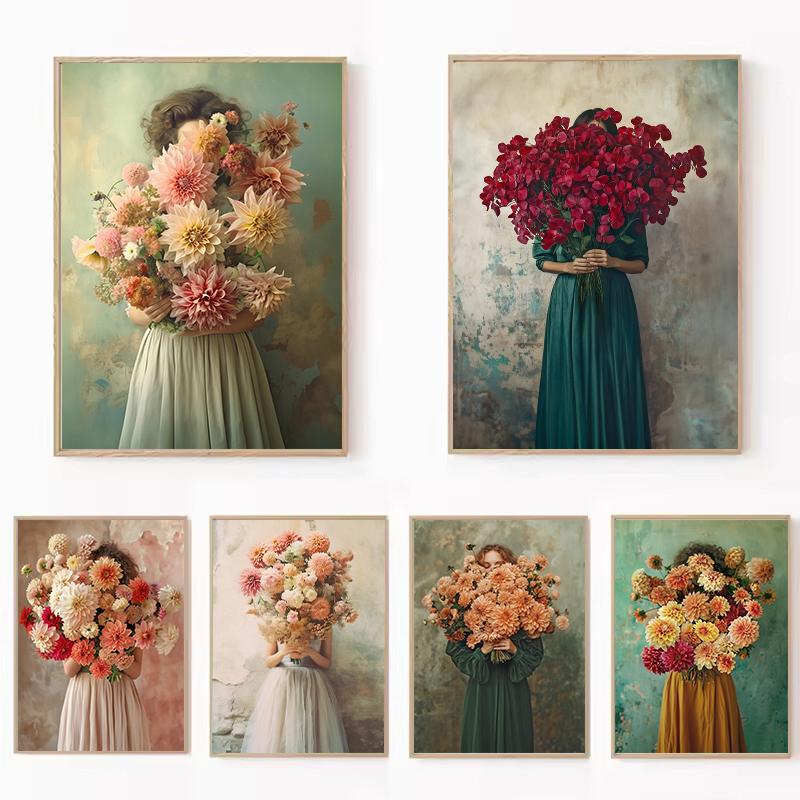 Modern Girl Wear Flowers Canvas Print Scandinavia Full of Force De Vie Wall Art Poster for  Living Room Bedroom Room Home Decor