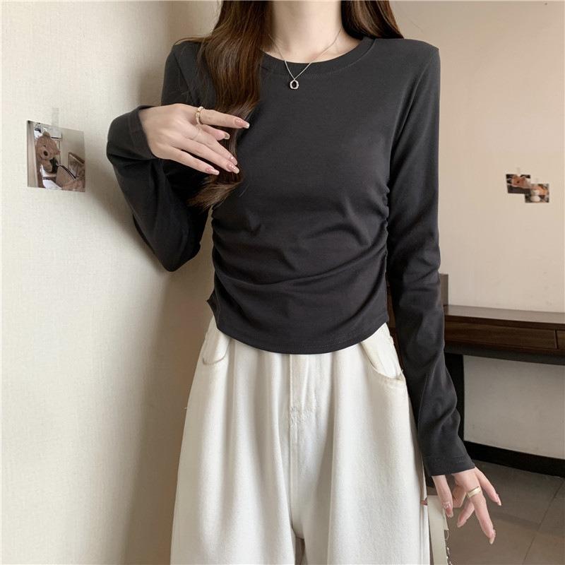 

Реальное фото чистый хлопок с длинным рукавом базовая футболка женская новая с изогнутым подолом нерегулярная футболка однотонный топ XL темно-серого