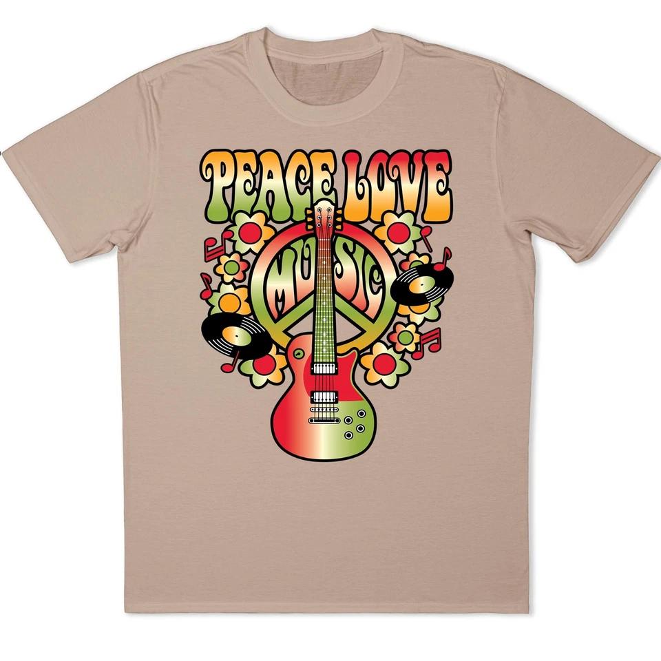 Peace Love Music Guitar Graphic T-Shirt Retro Hippie Festival Design Tee 3 2XL