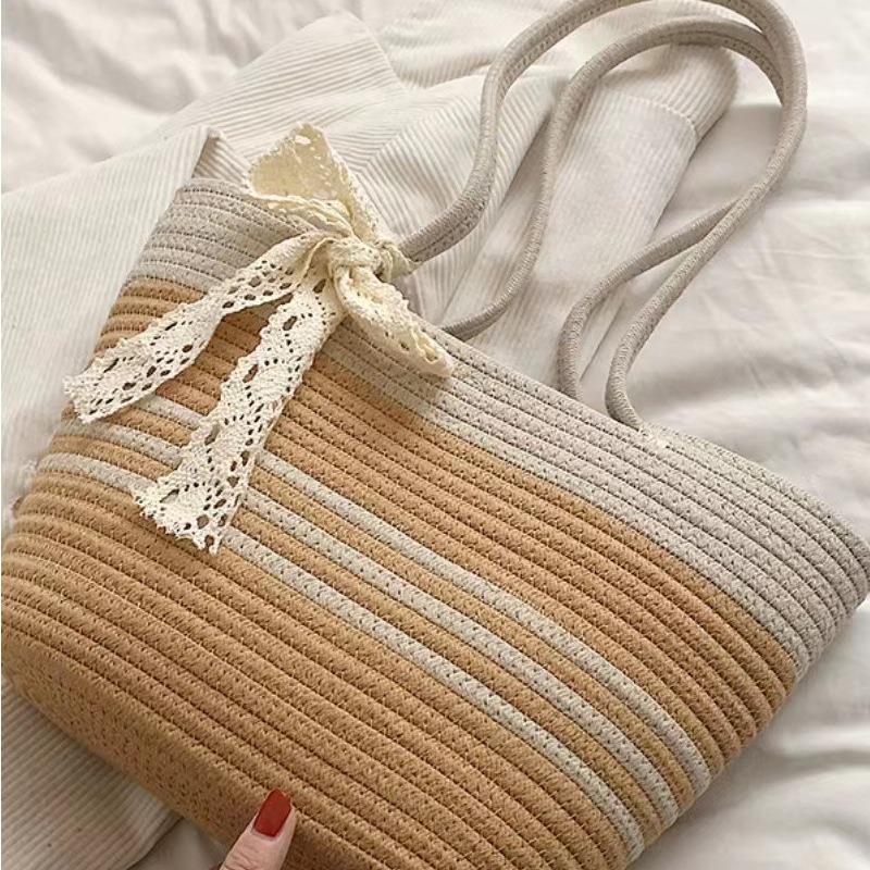 Large capacity woven bag women's shoulder bag cotton thread portable lace straw bag color matching beach bag tote bag