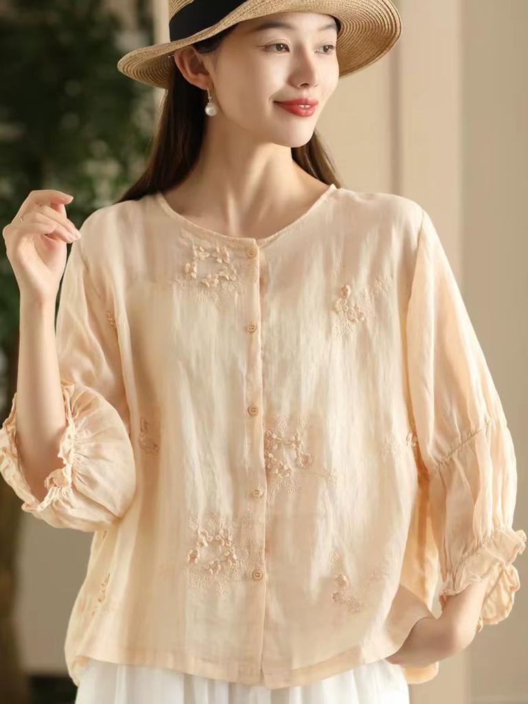 Johnature Women Embroidery Floral Shirts O-Neck Half Sleeve Tops Summer Solid Color Women Button Blouses