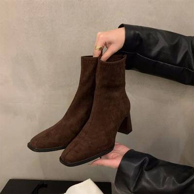 Vintage Damen-Ankle Boots 2026 Mode Quadratische Spitze Dicke Hohe Schuhe Herbst Winter Neue Damen Elegante Stretch Schlanke Kurze Stiefeletten
