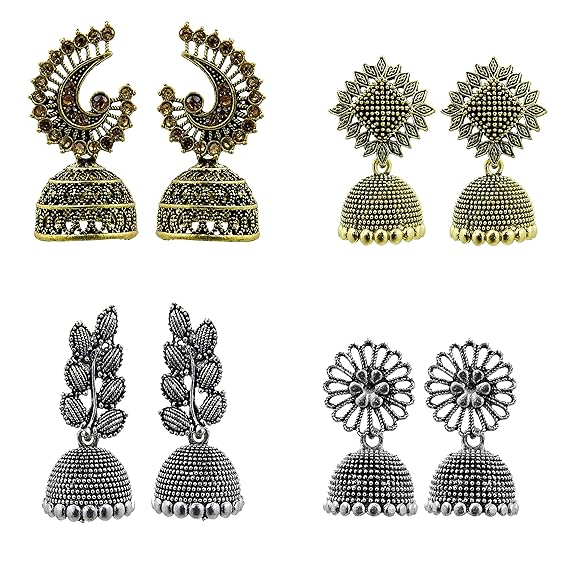 Fashion Latest Traditional Oxidized Silver and Antique Golden Base Metal Dangle and Drop (COMBOs of 4) Jhumki Earrings for Women & Girls