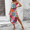 Women's Vintage Floral Print Sleeveless Dress Casual Waist Tie Midi Dress with Side Slit Summer Beach Dress