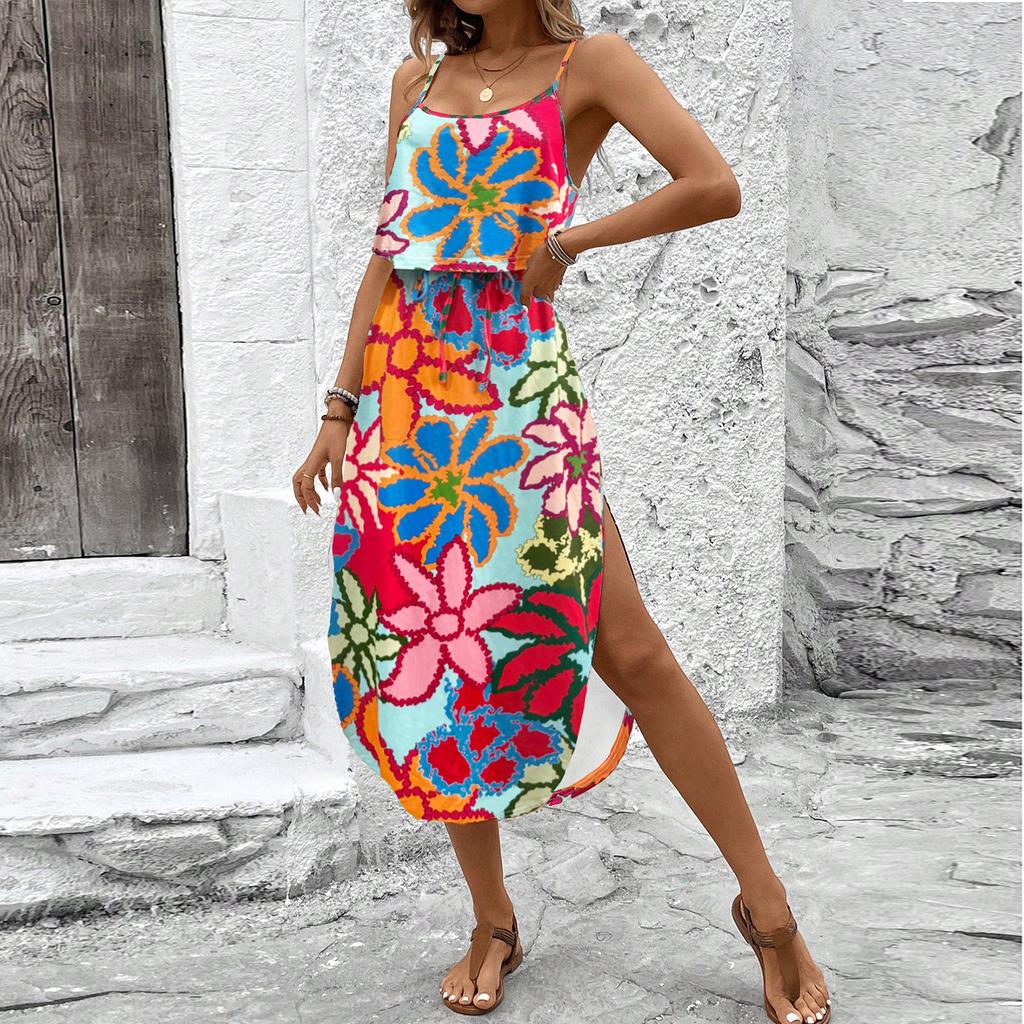 Women's Vintage Floral Print Sleeveless Dress Casual Waist Tie Midi Dress with Side Slit Summer Beach Dress