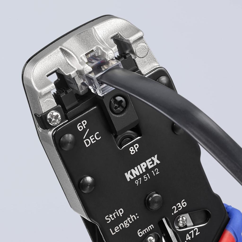 KNIPEX Western Plug Crimping Pliers for Cutting and Stripping Telephone Ribbon Cables, 4/6/8 Pin, 9751-12SB