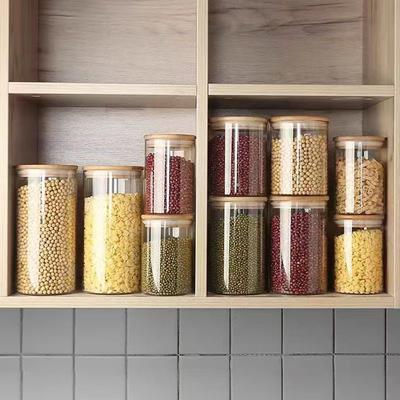 Wood Lid Transparent Glass Food Storage Jars Kitchen Storage Bottles Jar Sealed For Tea,Coffee,Sugar Cereal Dispenser Orgnizer