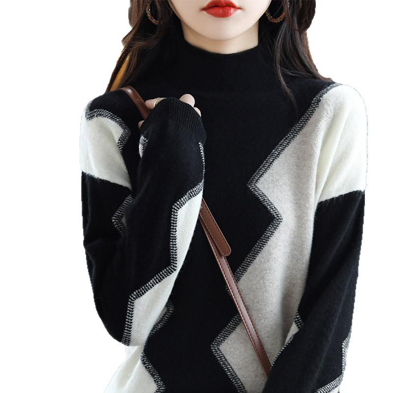 Women's Intarsia Color Block 100% Pure Wool Sweater, Long Sleeve Half-High Neck Loose Fit Pullover with Cashmere Knit, Perfect for Autumn/Winter.