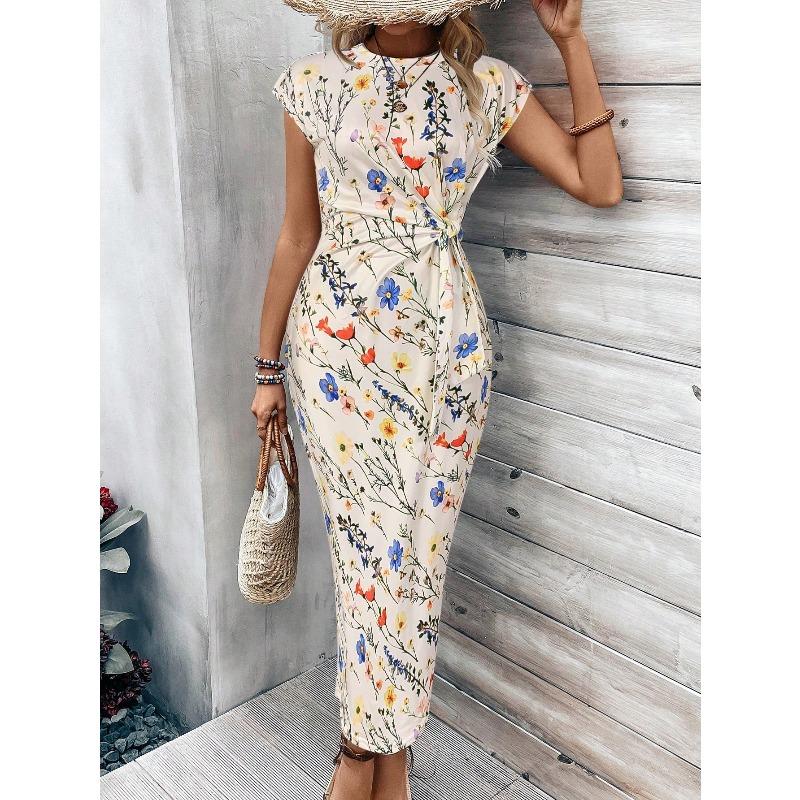 Temperament eleganter Taillenriemen gestreifter Rundhalsausschnitt Kurzarm langes Kleid Sommer Damen High-End Damenbekleidung Rock