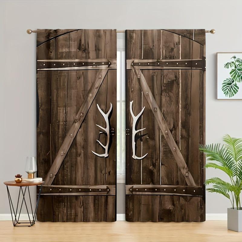 Retro Stylish Printing Wooden Door Style Light-Filtering Curtains,Vintage Decorative Elements Curtain for Living Room Bedroom