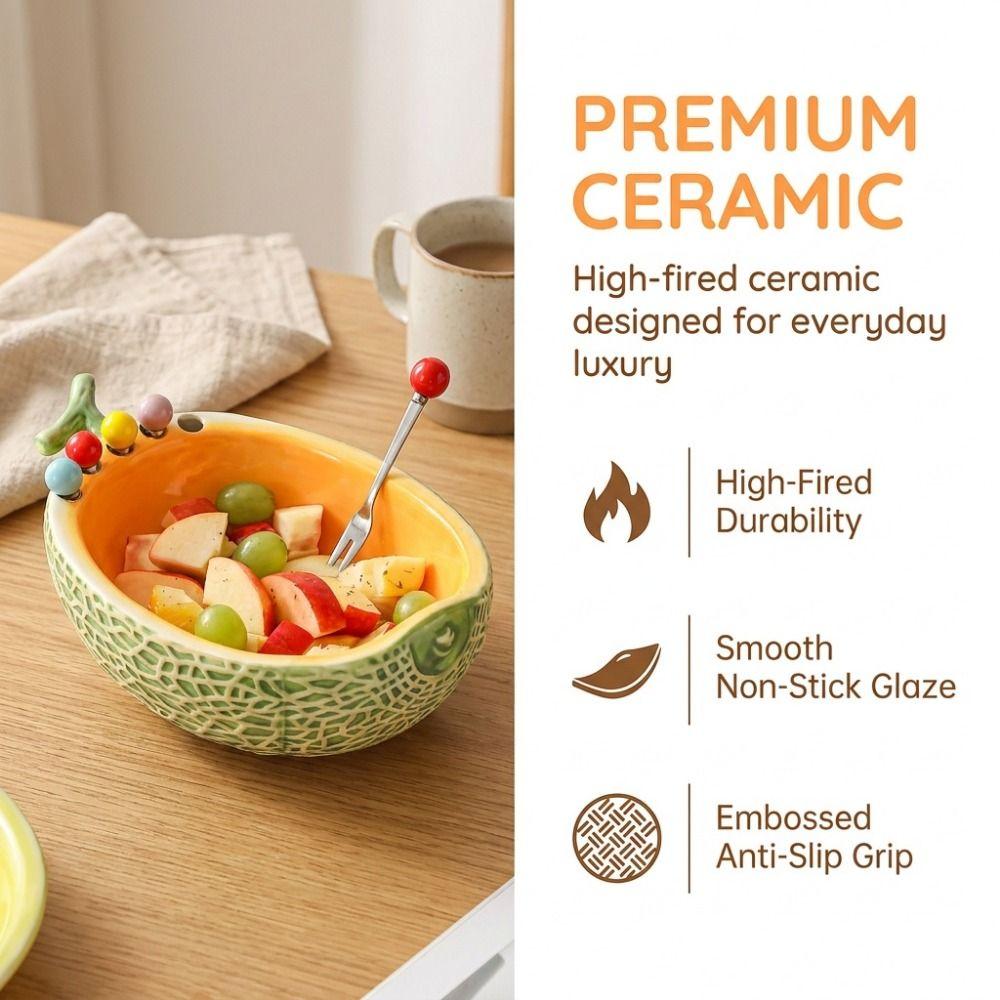 Hami Melon Shape Fruit Bowl with Fork Large Capacity Cute Toothpick with Holder Dessert Serving
