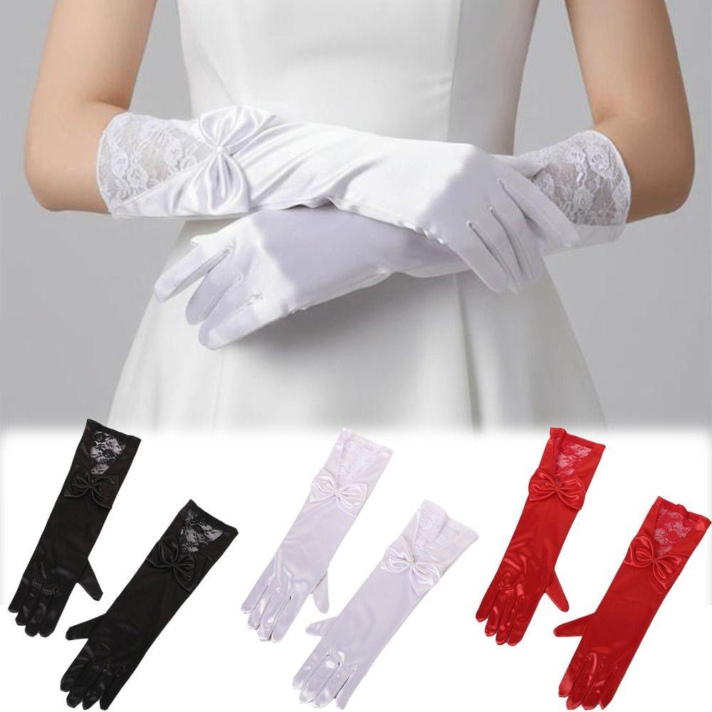Bowknot Satin Bride Gloves Lace Trim Dance Performance Gloves Wedding Dress Accessories