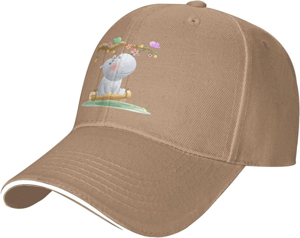 Cute Hippo On Swing Cartoon Baseball Cap Adjustable Polyester Outdoor Golf Hat for Unisex Adults