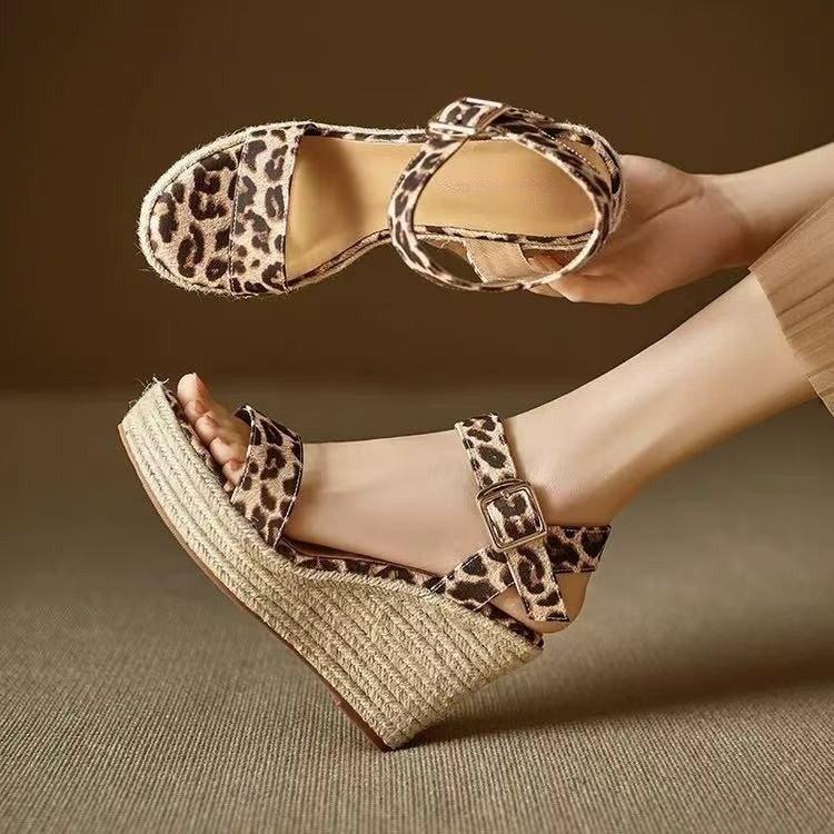 Summer New Hemp Rope Wedge Heel Sandals Fish Mouth Leopard Print Surface Platform High Heel One-word Sandals Versatile Women's Shoes