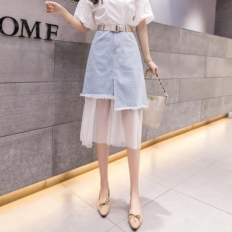 New Splicing Colored Mesh Denim Skirts Ragged Edge Irregular Denim Women's Skirts Mid Length Asymmetric Wrapped Hip Skirt