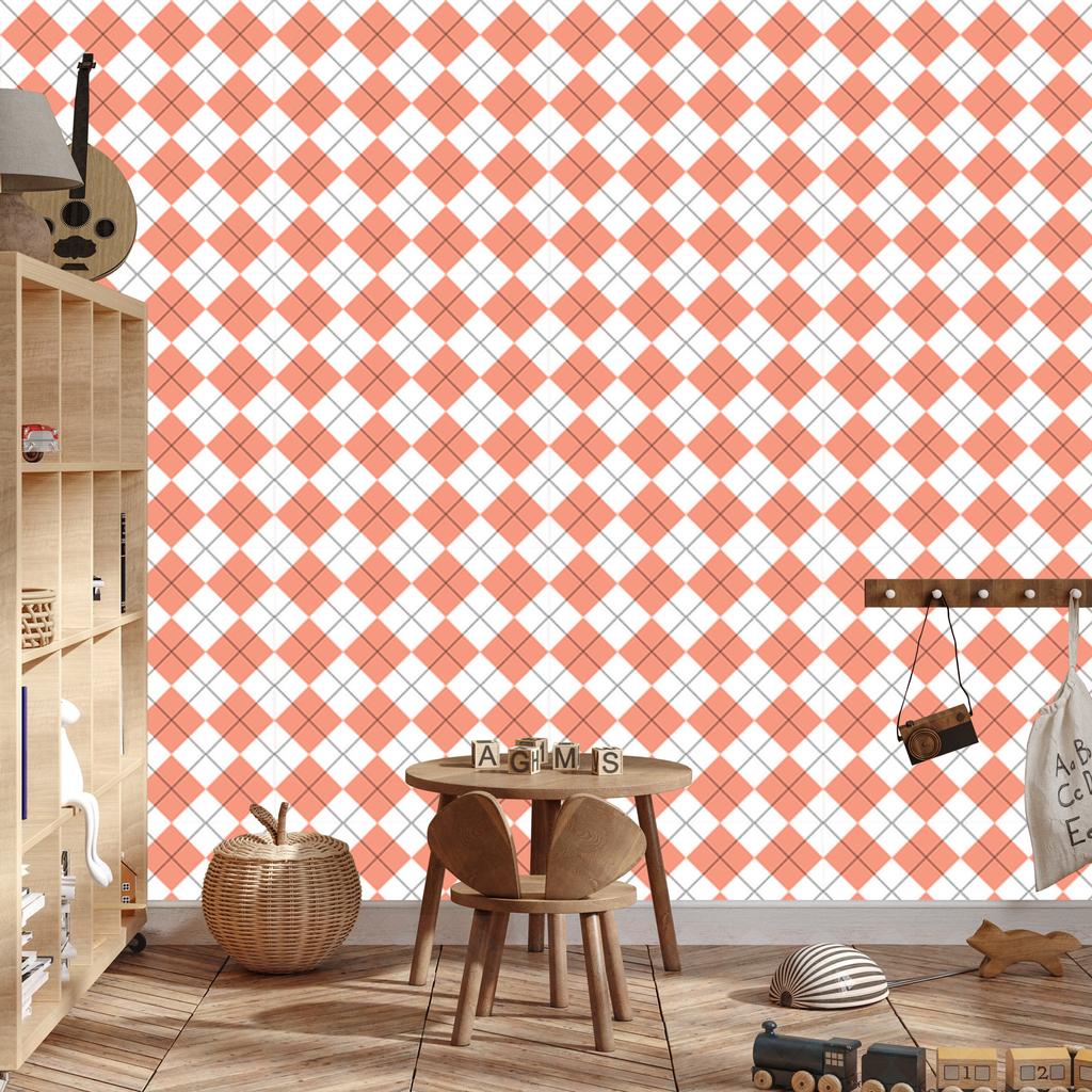 Wallpaper Basic Retro Check Coral, White, and Light Gray 50x1000