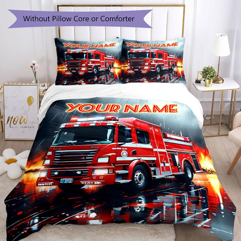 3PC Custom Name Fire Truck Action Bedding Set Duvet Cover Closure Includes 1 Duvet Cover & 2 Pillowcases for Bedroom