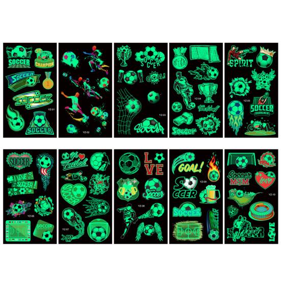 

10 шт./набор футбольных тату-наклеек, светящихся в темноте, различных водостойких переводных татуировок, DIY боди-арт, съемные светящиеся футбольные временные татуировки Sets разноцветный