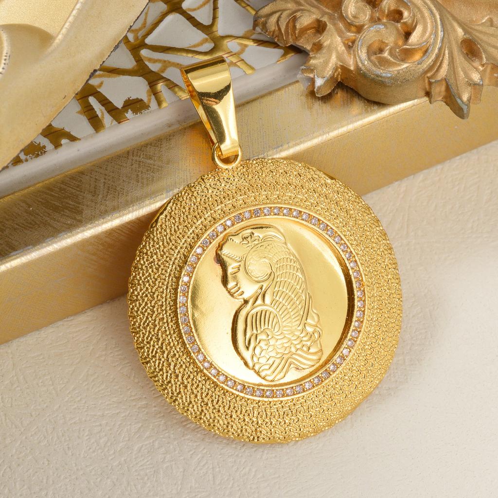 Heavy Industry Retro Gold Coin Pendant Coarse Necklace Inlaid Small Broken Zircon Mermaid Embossed Versatile Pendant