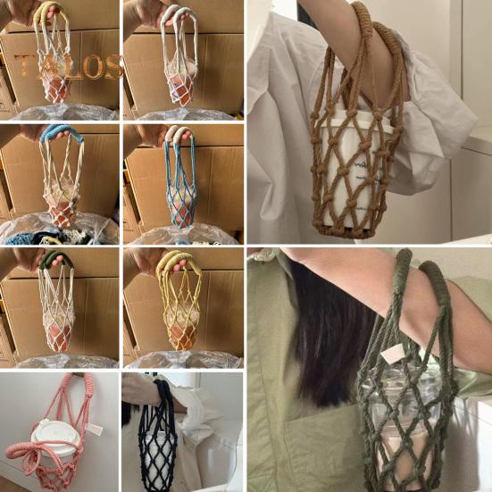 Bolsa bandolera tejida a mano para tazas, portavasos reutilizable tejido a mano, portavasos de té y café frío, fundas decorativas para vasos de agua