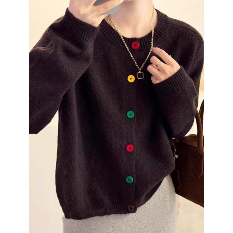 Милый и свежий круглый вырез, цветные пуговицы, трикотажное пальто, академический стиль, вестерн, универсальный свитер, женский кардиган one size кофейный