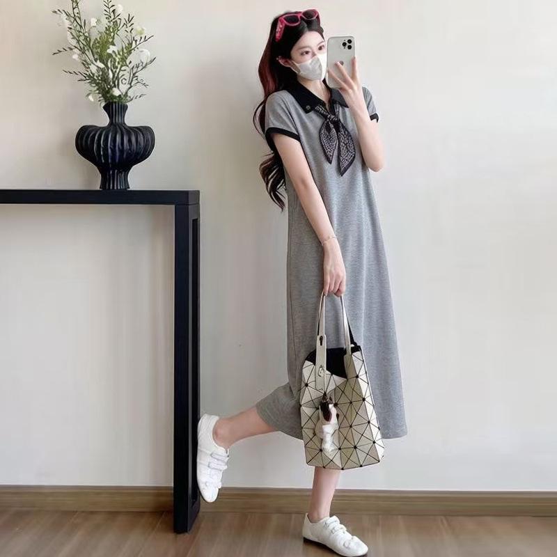 2026 Summer Stylish Knit Maternity Dress with POLO Collar and Tie Ribbon L