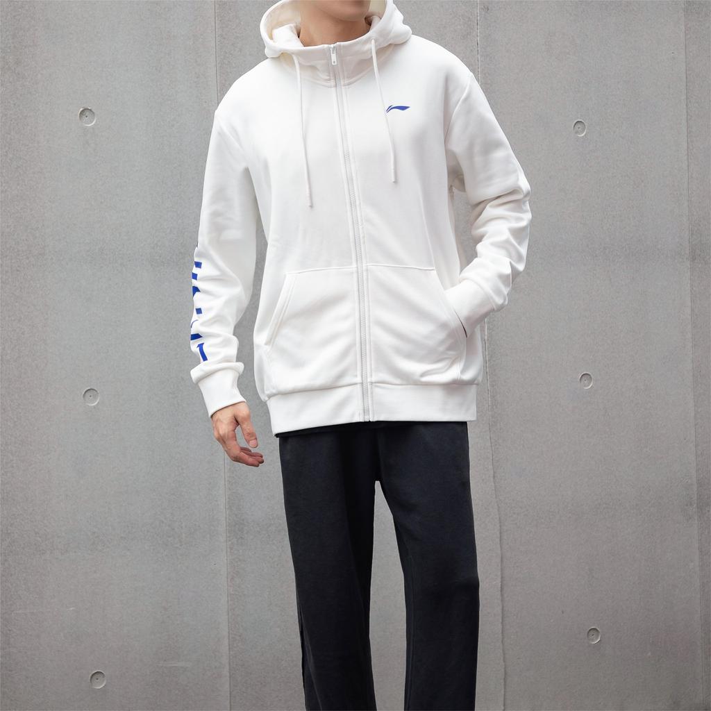 Li Ning Logo Printed Fleece Hooded Zip-Up Sweatshirt Men sweatshirt Off-White YWDT307-1