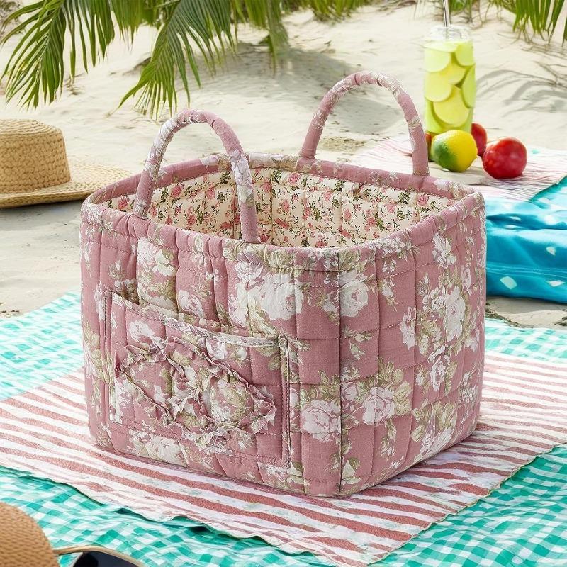 Boho Fabric Storage Basket, Floral Laundry Baskets,Decoration Large Capacity Storage Baskets, Portable Folding Storage Bag for Clothes and Sundries