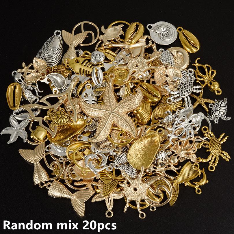 10/20/30pcs Metal KC/Vintage Gold/Silver Color Ocean Animal Charm Random Mix Shell Fish Turtle Charms For Jewelry Making Pendant